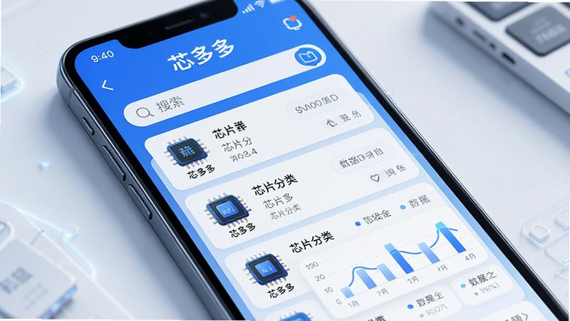 主体为手机屏幕显示“芯多多”APP界面,布局清晰展示芯片分类列表与搜索栏,排版简洁现代,风格科技感蓝色调,细节包含芯片图标与数据图表,画质高清,干净,无多余元素,文字“芯多多”清晰可见