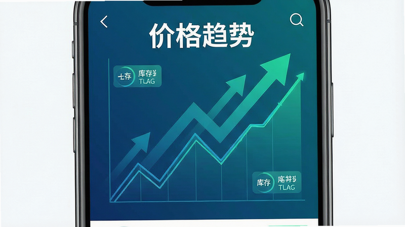 主体为手机屏幕显示折线图表,布局中心突出价格趋势,排版动态感强,风格商务蓝绿色,细节包含上涨箭头与库存标识,画质高清,干净,无多余元素,文字“价格趋势”清晰