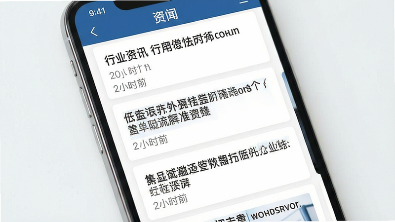 主体为手机新闻列表界面,布局卡片式排列,排版层次分明,风格专业严谨,细节包含新闻标题与发布时间,画质清晰,干净,无多余元素,文字“行业资讯”可见