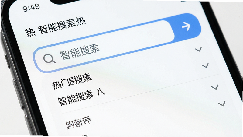 主体为手机搜索界面,布局突出搜索框与下拉建议,排版聚焦核心操作,风格友好简洁,细节包含热门搜索关键词,画质高清,干净,无多余元素,文字“智能搜索”清晰