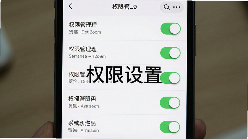 主体为手机设置界面截图,布局清晰显示权限管理列表,排版整齐,风格为现代UI设计,细节包括权限开关状态,画质清晰干净,画面中央有文字