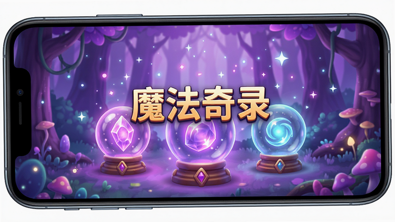 主体为手机屏幕显示的游戏主界面,背景是梦幻的紫色魔法森林,布局居中显示三个发光的魔法水晶球,排版简洁大方,风格为3D卡通渲染,细节丰富如飘落的魔法粒子,画质高清干净无多余元素,画面中央有文字