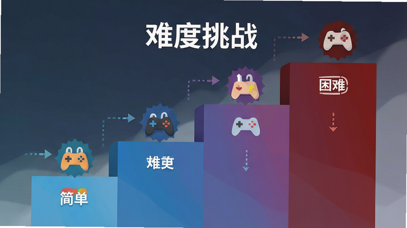 主体为游戏难度选择界面,布局阶梯状排列,从简单到困难渐变,排版视觉引导明确,风格为扁平化设计,细节包括难度标识图标,画质清晰干净,画面中央有文字