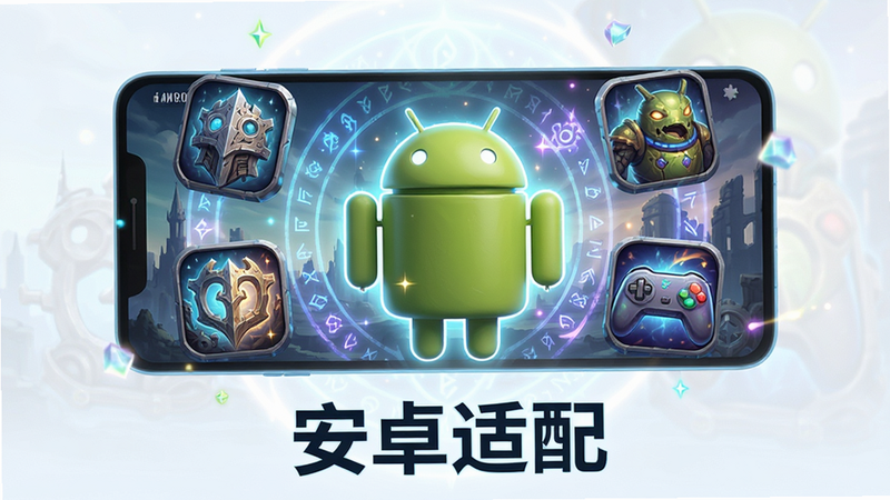 主体为安卓系统界面与游戏图标结合的展示图,布局和谐统一,排版居中,风格为科技感与魔幻结合,细节包括安卓机器人元素,画质高清干净,画面底部有文字