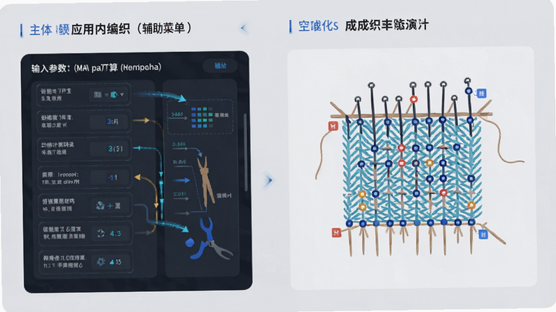 主体为“编织(辅助菜单)”应用内的智能计算功能演示图,布局清晰分为左右两栏,左侧显示输入参数面板,右侧展示生成的编织路径可视化图表,风格为科技感与手工艺结合的扁平化设计,细节包含数据流动效与针法节点标记,画质精致,背景为柔和的浅灰色,强调智能算法的精准与便捷