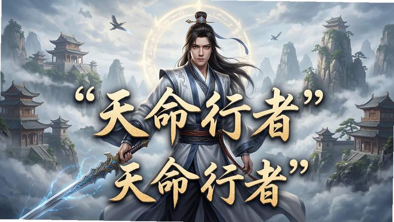 主体为《天命行者》手游的高清宣传海报,布局居中,排版大气,风格为东方玄幻写实风,细节丰富,展示主角身着飘逸道袍手持飞剑,背景为云雾缭绕的仙侠世界,文字加引号“天命行者”,画质清晰,干净,无多余元素