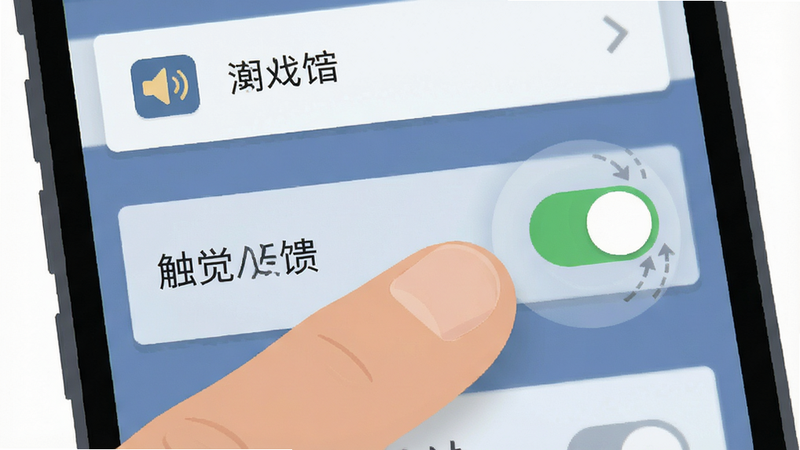主体是一个手机屏幕界面显示游戏设置选项,手指正在点击“触觉反馈”开关,布局突出设置界面的清晰层级,排版规范整洁,风格为扁平UI设计,细节包含开关的动画效果和图标的清晰度,画质清晰,干净,无多余元素