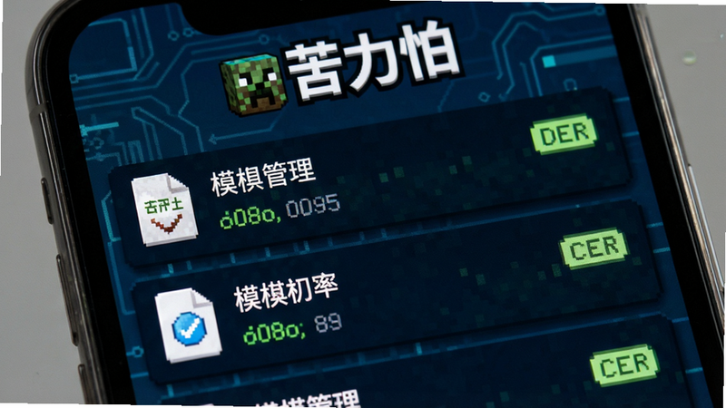 主体为手机屏幕特写,显示“苦力怕”应用内的模组管理界面,列表项清晰,顶部有“苦力怕”品牌标识,布局为上下结构,排版紧凑有序,风格为科技感与像素风结合,细节展示文件图标与状态标签,画质高清,干净,无多余元素