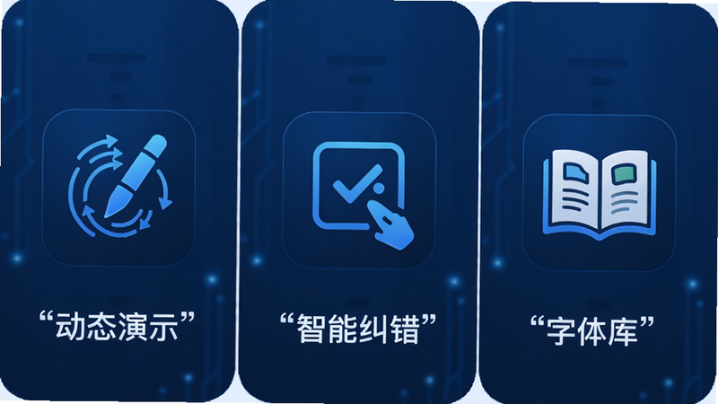 主体为讲笔APP的功能特性展示图,布局为三列并排,左侧展示动态笔顺图标,中间展示智能纠错图标,右侧展示字体库图标,排版对称均衡,风格为极简科技蓝,细节精致,画质清晰,干净无背景杂乱,文字加引号“动态演示”、“智能纠错”