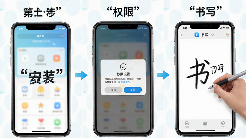 主体为讲笔APP的使用教程示意图,布局为分步骤展示,第一步展示安装界面,第二步展示权限设置弹窗,第三步展示书写界面,排版清晰有序,风格为明亮教育风,细节标注清晰,画质高清,干净无杂色,文字加引号“安装”、“权限”、“书写”