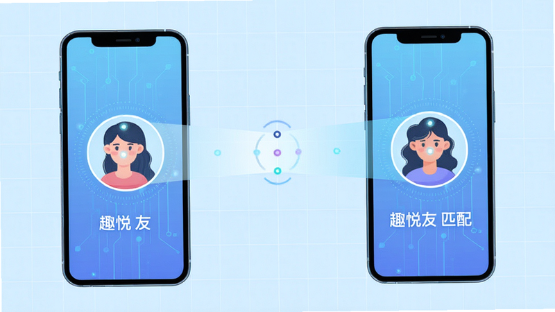 一张展示智能匹配功能的示意图,主体为两个手机屏幕通过光束连接,布局对称,排版清晰,风格为科技感插画,细节显示两个用户头像在光点中重合,背景为淡蓝色网格,画质高清,干净,无多余元素,文字包含