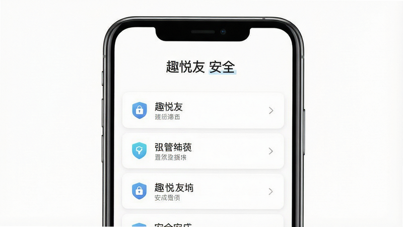 一张展示账号安全设置界面的示意图,主体为手机屏幕,布局简洁,排版整齐,风格为极简主义,细节显示安全选项列表,背景为白色,画质高清,干净,无多余元素,文字包含