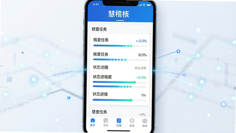 主体为慧稽核安卓应用界面展示,布局采用扁平化设计,中央显示清晰的核查任务列表与状态进度条,顶部有醒目的