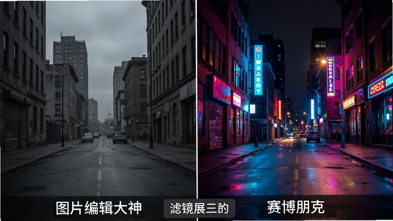“图片编辑大神”滤镜对比展示图,画面分为左右两部分,左半部分是灰暗的城市街景原图,右半部分是应用了“赛博朋克”滤镜后的同一场景,色彩鲜艳,霓虹灯效果突出,中间有一条垂直分割线,下方显示滤镜名称标签,整体构图平衡,色彩对比强烈,展现前后差异,画质细腻,无噪点