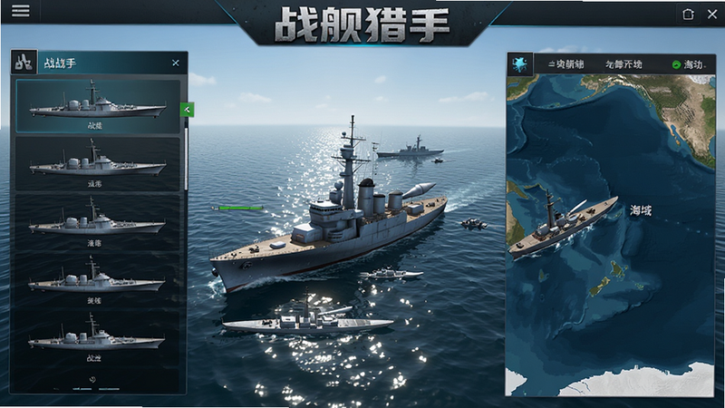 主体为《战舰猎手》游戏主界面,布局清晰展示战舰选择列表与海域地图入口,排版简洁大气,风格为3D写实军事风,细节包含水面波光粼粼反射阳光,舰体金属质感强烈,画质高清,干净,无多余元素