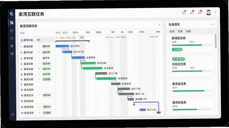 主体为美湾互联任务协作模块界面预览,布局展示甘特图与任务卡片列表,排版逻辑清晰,风格为扁平化UI设计,细节体现任务状态标签(进行中、已完成)、进度条可视化,画质精致,干净简洁,文字显示“美湾互联任务”