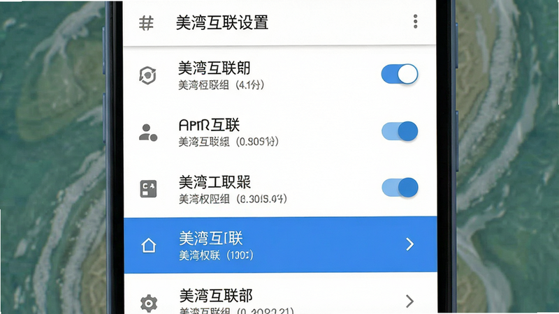 主体为美湾互联手机端设置权限界面示意图,布局为垂直列表菜单,排版简洁直观,风格为Material Design,细节包含权限开关图标、文字说明、蓝色高亮选中项,画质清晰,干净无广告,文字显示“美湾互联设置”