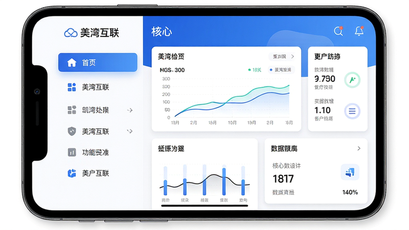 主体为美湾互联手机App界面高清展示图,布局采用左右分栏设计,左侧为功能菜单导航,右侧为核心数据看板,排版整洁有序,风格为现代简约商务风,细节包含清晰的图标、柔和的阴影效果、蓝色主色调背景,画质8k高清,干净无多余元素,文字显示“美湾互联”