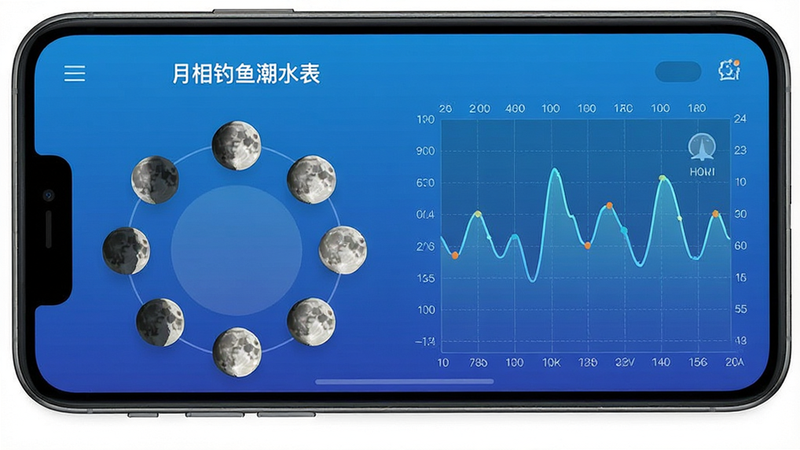 一张现代科技风格的手机应用界面展示图,主体为“月相钓鱼潮水表”APP首页,布局清晰,左侧显示新月到满月的月相变化轨迹,右侧展示24小时潮汐起伏曲线图,蓝色渐变背景,高保真渲染,细节清晰,无多余元素,画质干净
