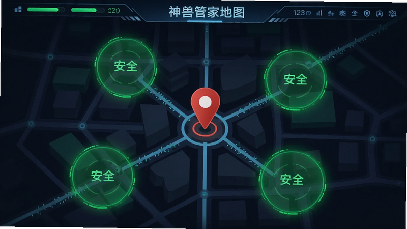 神兽管家地图追踪界面,显示一张简化的城市地图,中心有一个红色的定位图标,周围有三个绿色的圆圈代表安全区域,地图上有一些路径线条,界面顶部有状态栏,整体风格简洁明快,科技感强