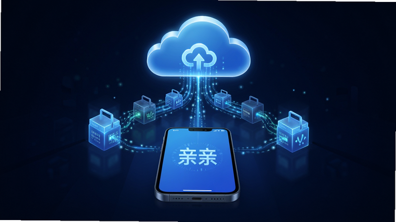 亲亲云管家云端同步概念图,主体为手机与云朵连接的数据流,布局中心对称,排版清晰,风格科技感强,细节包含数据包传输动画,画质纯净,无杂乱背景