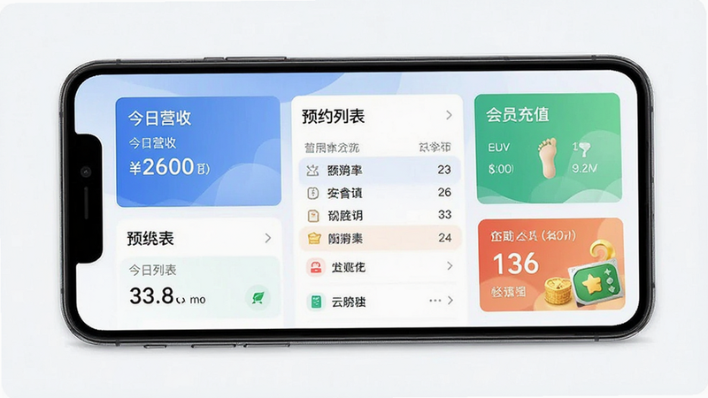一张展示亲亲云管家APP界面的高清预览图,主体为手机屏幕显示着简洁的足浴店管理仪表盘,布局清晰,包含