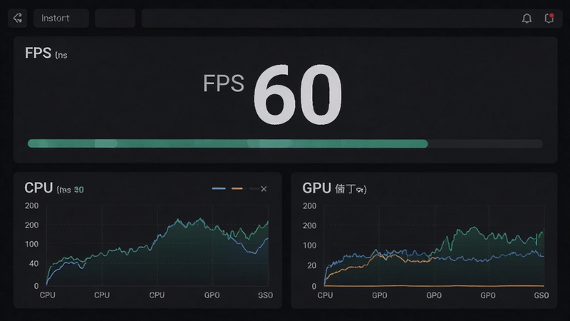 主体为性能监控仪表盘,显示'FPS'数值稳定在60,下方有CPU与GPU使用率曲线图,背景为深色模式,文字清晰,风格极简主义,细节精确,高分辨率,无冗余装饰