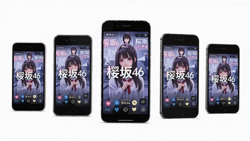 主体为多品牌手机排列展示,屏幕上均显示'樱坂46'游戏画面,背景为白色,风格为产品宣传图,细节清晰,高清,无杂乱背景