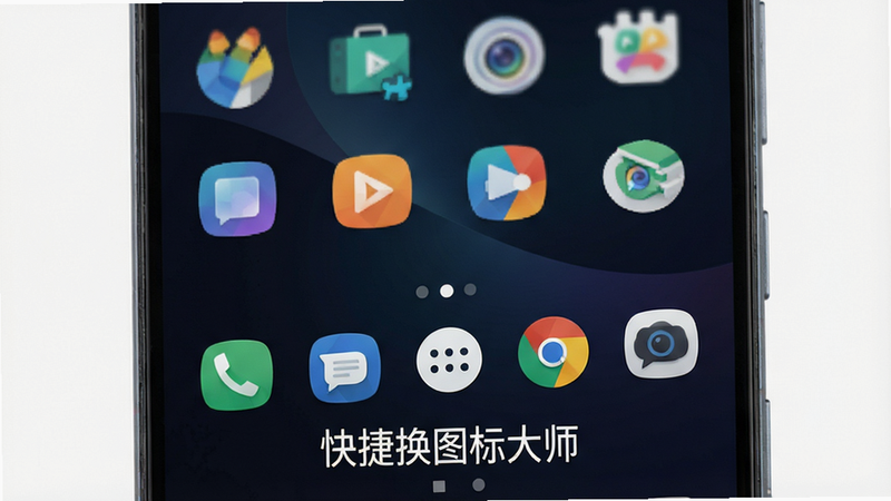 主体为智能手机正面特写,屏幕显示安卓桌面,图标呈现代扁平化设计,布局整齐,背景为深色渐变,排版清晰,风格简约科技,细节清晰,画质8K,干净,无多余元素,文字