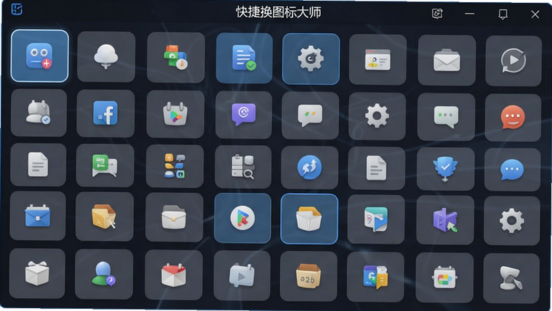 主体为软件界面截图,展示图标选择网格,布局为多列网格状,排版紧凑有序,风格现代UI,细节包含选中高亮效果,画质高清,干净,无多余元素,文字
