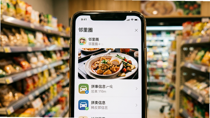 手机屏幕显示“邻里圈”帖子列表,包含美食照片、拼车信息图标。背景是模糊的社区超市货架。风格为生活化摄影风,色调温馨。布局清晰,文字可读性强。画质高清,无多余元素。