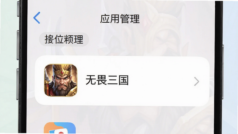 一张手机设置界面的示意图,显示“应用管理”中的“无畏三国”选项,背景简洁,图标清晰,UI设计风格现代,色彩柔和,高清截图风格