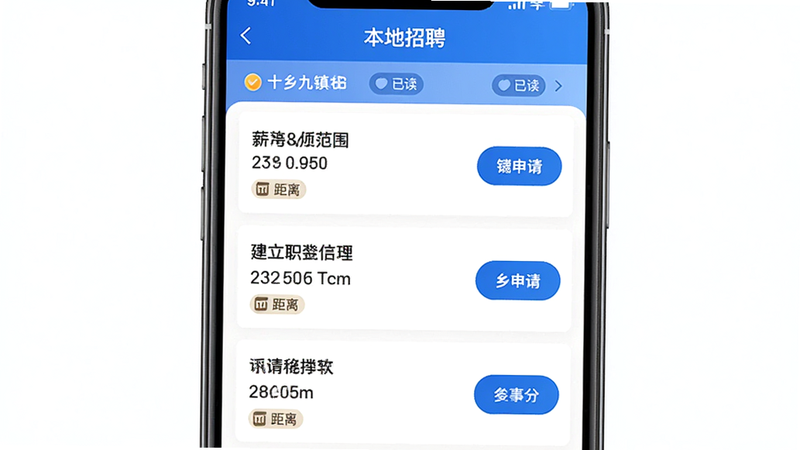 主体为十乡九镇App内的“本地招聘”列表页,布局为纵向滚动列表,每条信息包含职位名称、薪资范围与距离标识,排版紧凑有序,风格为商务蓝白配色,细节处有“已读”状态标识与一键申请按钮,画质高清,干净,无多余元素