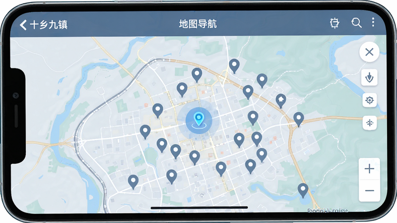 主体为十乡九镇App内的“地图导航”界面,布局为全屏地图视图,叠加多个兴趣点标记,排版直观清晰,风格为科技蓝灰色调,细节处有定位光标与缩放控件,画质锐利,干净,无多余元素