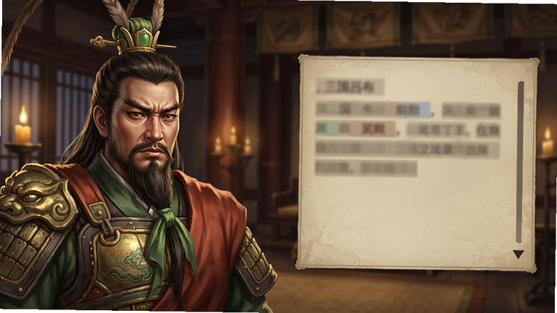 生成一张《三国吕布传说》剧情对话界面预览图。主体为游戏内对话场景,左侧为吕布的动态立绘,右侧为对话文本框(文本内容用模糊色块代替,不显示具体文字)。背景为古代宫殿内部,烛光摇曳,氛围庄重。布局左图右文,视觉焦点集中在人物表情上。排版简洁,突出叙事感。风格为写实古风,光影柔和,细节丰富,展现历史厚重感。画质精美,人物皮肤质感真实,无UI遮挡核心画面,干净呈现故事场景,增强代入感