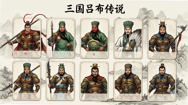 生成一张《三国吕布传说》武将图鉴展示图。主体为多位三国武将的立绘排列,包括吕布、关羽、诸葛亮等形象鲜明的人物。布局采用卡片式网格排列,背景为淡雅的水墨山水,突出人物主体。排版整齐,每个武将卡片下方隐约可见名字标签(不显示具体文字,仅示意位置)。风格为国风插画,笔触细腻,色彩古朴典雅,细节刻画武将服饰与武器特征。画质高清,人物表情生动,无多余背景杂物,干净展示角色魅力,吸引玩家收集欲望