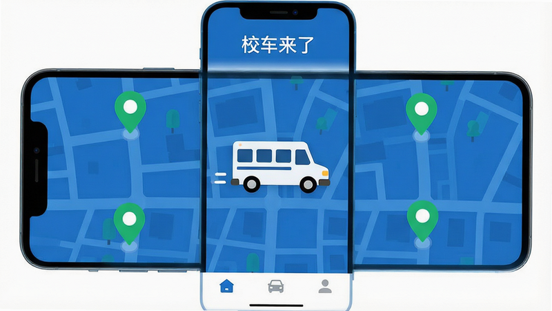 生成一张具有科技感的移动端APP界面全景图,主体为蓝色调的地图背景,中间有一辆白色校车图标正在行驶,周围分布着几个绿色的站点标记,界面顶部显示“校车来了”字样,底部有简单的导航栏,风格扁平化,细节清晰,画质高清,干净无多余元素