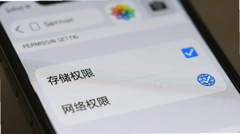 一部智能手机的特写,屏幕显示权限设置界面,其中“存储权限”和“网络权限”被勾选,背景模糊,突出前景的设置选项,界面简洁,字体清晰,无其他干扰元素