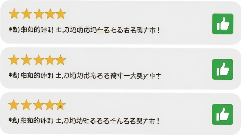 一个用户评价界面,显示多条五星好评,每条评论旁边有一个绿色的点赞图标,背景为浅灰色,文字内容清晰可见,整体布局整齐,无多余装饰
