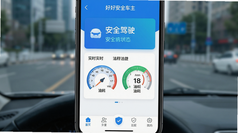 一张高清手机屏幕特写图,主体显示“好好安全车主”应用首页,界面采用清新蓝白配色,顶部有醒目的“安全驾驶”状态卡片,中部展示实时车速与油耗仪表盘,底部导航栏清晰可见,背景为模糊的城市道路场景,整体风格现代简约,画质4k,无多余水印,文字清晰可读
