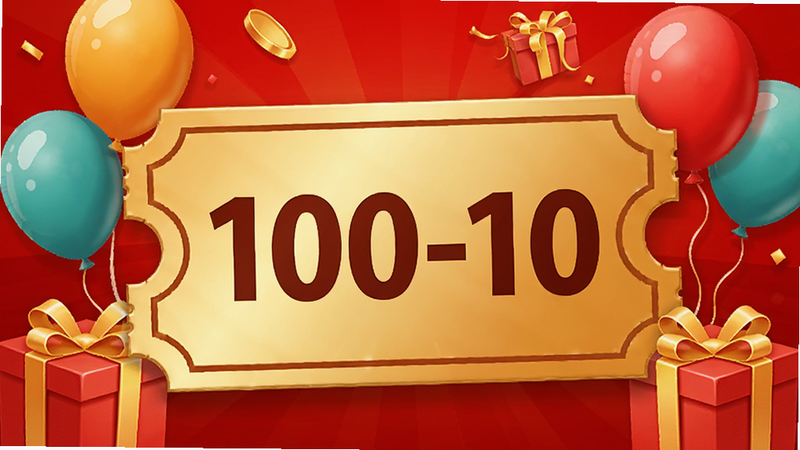 ����Ϊһ�Ž�ɫ���Ż�ȯͼ�꣬����д�š�100-10��������Ϊ��ɫϲ��ɫ������Χ�����������װ�Σ���������ͻ�����������ϲ�죬ϸ�ڷḻ�����廭�ʣ��ɾ��޶���Ԫ��