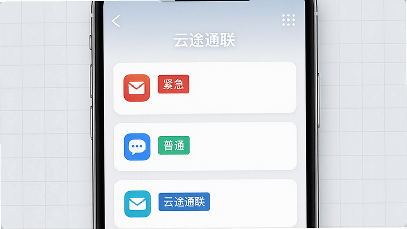展示“云途通联”消息聚合功能的界面预览,主体为手机屏幕,布局采用卡片式列表设计。风格简洁商务,细节显示不同来源的消息图标(如邮件信封、对话气泡)并列展示,背景为浅灰色网格。文字标签包含“紧急”、“普通”、“云途通联”。画质高清,无水印,色彩对比鲜明,突出信息层级