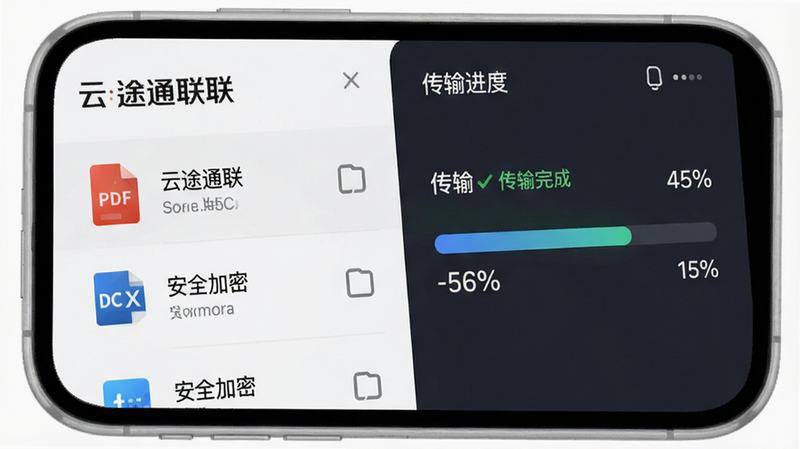 展示“云途通联”文件传输界面的特写图,主体为手机屏幕,布局左侧为文件列表,右侧为传输进度条。风格为简约科技风,细节显示PDF、DOCX图标及进度百分比数字。文字标签包含“传输完成”、“云途通联”、“安全加密”。画质清晰,边框圆角处理,背景纯白,无干扰元素