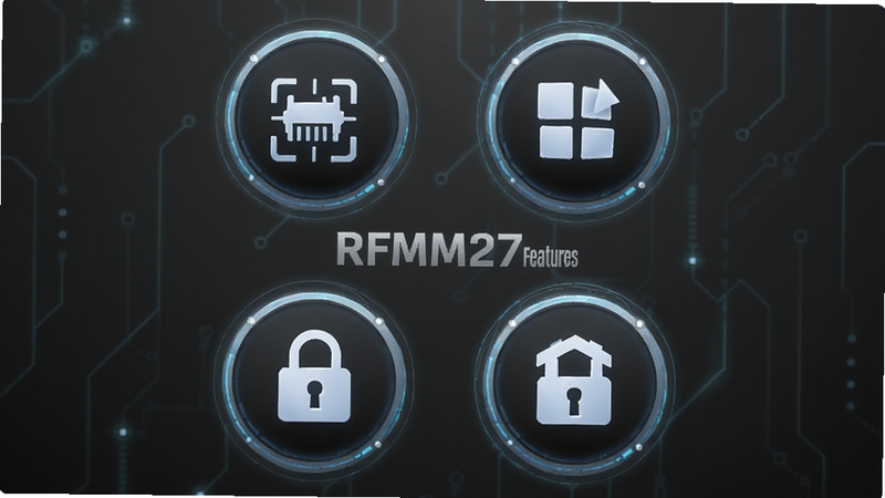 RFM27软件的功能图标集合展示图,主体为四个圆形图标,分别代表扫描、分类、加密和设置,布局呈方形排列,背景为深灰色渐变,风格科技感强,细节处有微弱的发光效果,画质清晰,干净无多余元素,文字标注