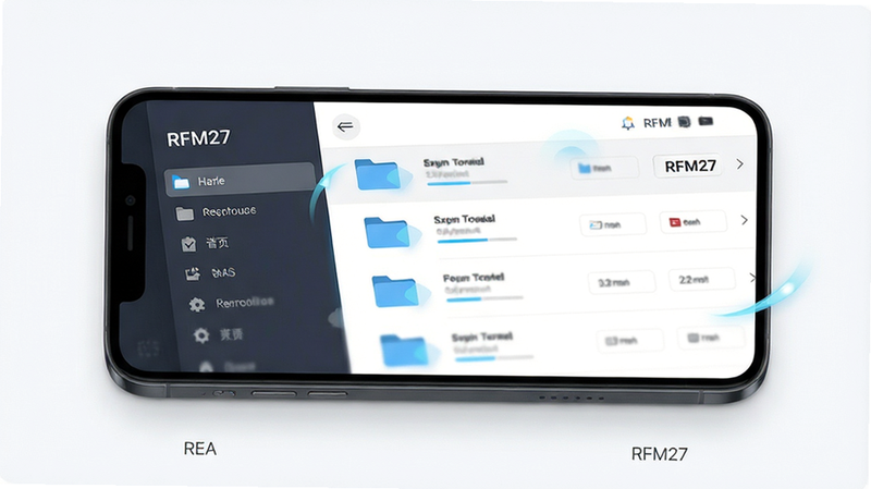 一张展示RFM27应用界面的概念图,主体为智能手机屏幕,屏幕上显示极简风格的文件管理界面,布局清晰,左侧为侧边栏菜单,右侧为文件列表,风格现代扁平化,细节处体现流畅的动画效果,画质高清,干净无多余元素,文字标注
