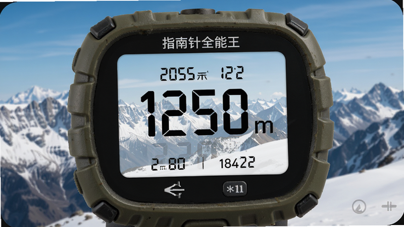 指南针全能王海拔测量仪界面,主体为数字显示当前海拔高度1250米,背景为雪山风景,布局简洁,排版清晰,风格户外风,细节显示气压数值,画质清晰,干净无多余元素