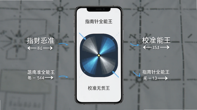 指南针全能王校准教程示意图,主体为手机屏幕显示8字形校准动画,布局清晰,风格简洁,细节显示校准步骤文字,画质高清,干净无多余元素