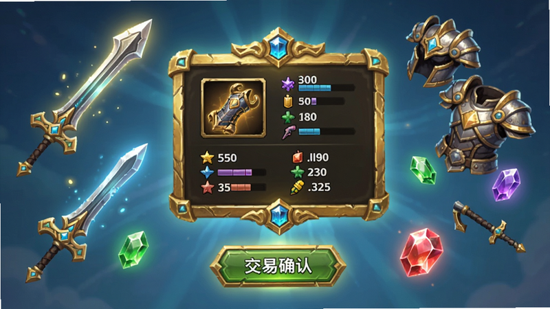 主体为一个金色的装备交易界面悬浮在空中,周围散落着发光的武器、铠甲和宝石,底部有交易确认按钮,布局聚焦中心交易框,排版简洁,风格为游戏UI设计风格,细节显示装备属性数值,画质明亮,干净无遮挡