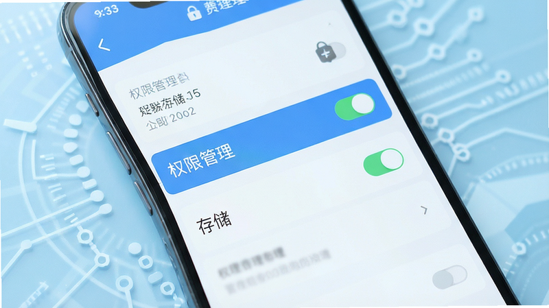 主体为一个手机设置界面,高亮显示“权限管理”和“存储”选项,背景为淡蓝色科技风,布局清晰,排版整齐,风格为扁平化UI设计,细节显示开关状态,画质清晰,干净无干扰