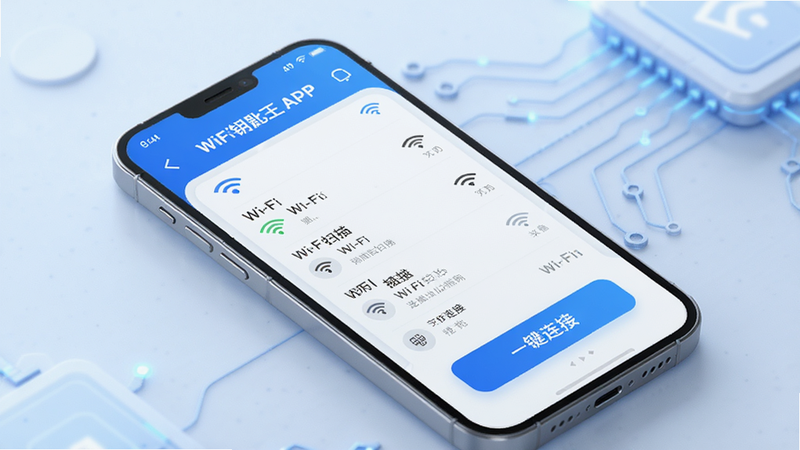 展示WiFi钥匙王APP主界面,主体为手机屏幕,显示清晰的Wi-Fi扫描列表和一键连接按钮,布局简洁直观,背景为柔和的浅蓝色科技感界面,风格现代简约,细节包含信号强度图标和已连接网络名称,画质高清,干净无多余元素